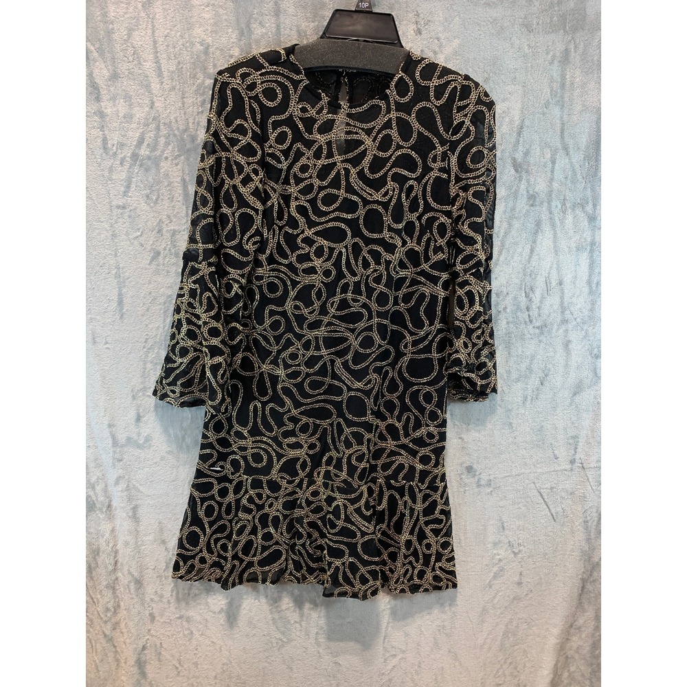 Jessica Howard Gold Chain Embroidered Mesh Bell Sleeve Cocktail Dress 10P